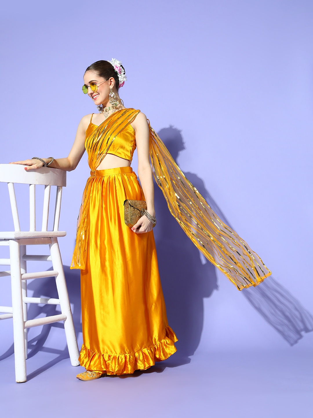 

Tikhi Imli Yellow & Gold-Toned Sequinned Satin Ready to Wear Saree