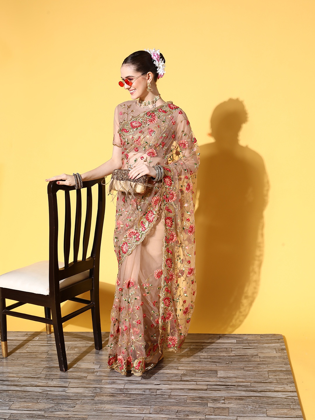 

Tikhi Imli Beige & Red Embellished Beads & Stones Net Saree