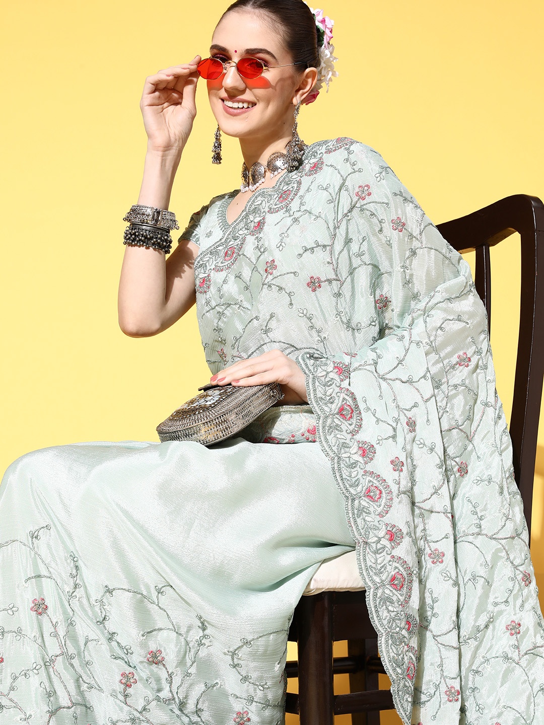

Tikhi Imli Grey & Pink Floral Embroidered Saree