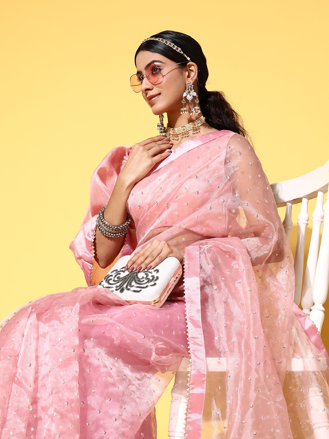

Tikhi Imli Pink Woven Design Gotta Patti Organza Saree