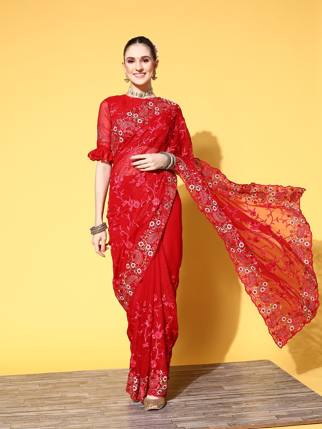 

Tikhi Imli Red Floral Embroidered Saree