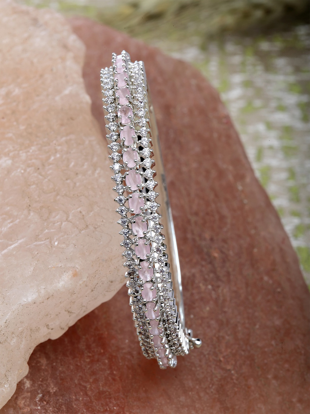 

KARATCART Silver-Plated & Pink American Diamond Studded Bangle