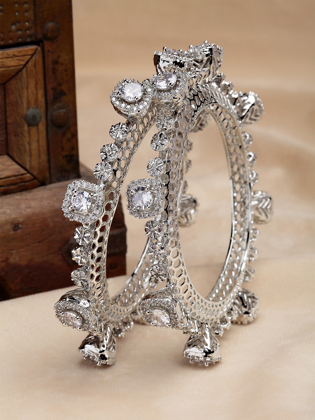 

KARATCART Set Of 2 Silver-Plated CZ Stone-Studded Bangles