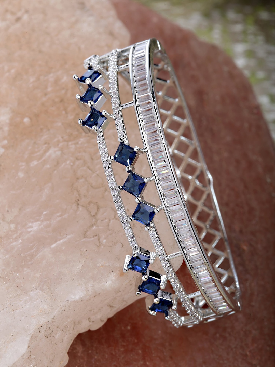 

KARATCART Silver-Plated Blue American-Diamond Studded Bangle