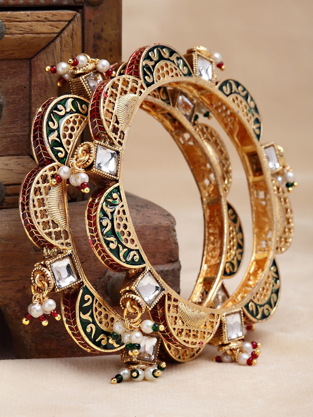 

KARATCART Pack Of 2 Gold-Plated White & Green Stone Studded & Beaded Bangles