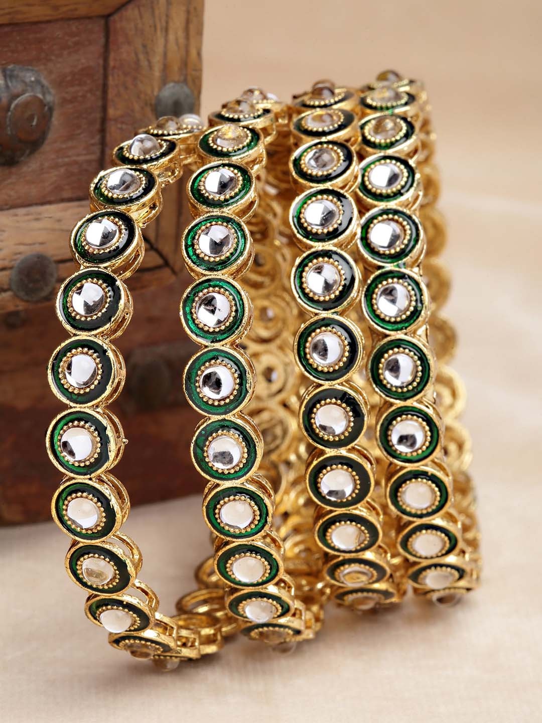 

KARATCART Set of 4 Gold-Plated & Green Kundan-Studded Rajwadi Bangles