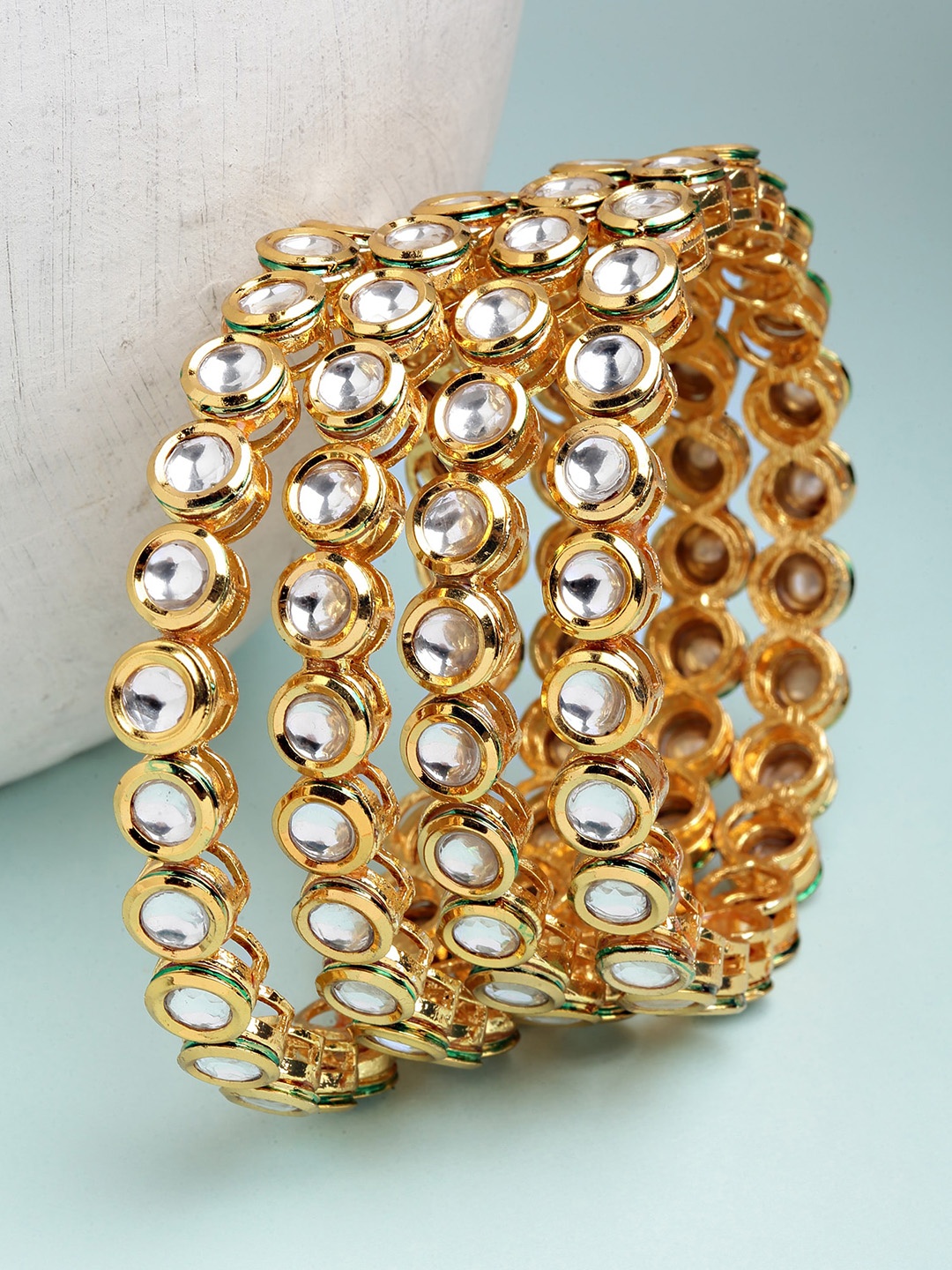 

KARATCART Set Of 4 Gold-Plated White Stone-Studded Polki Kundan Rajwadi Bangle