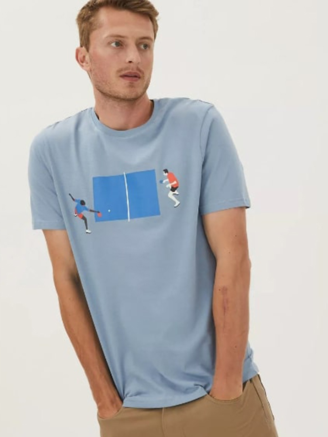 

Marks & Spencer Men Blue Graphic Printed Cotton T-shirt