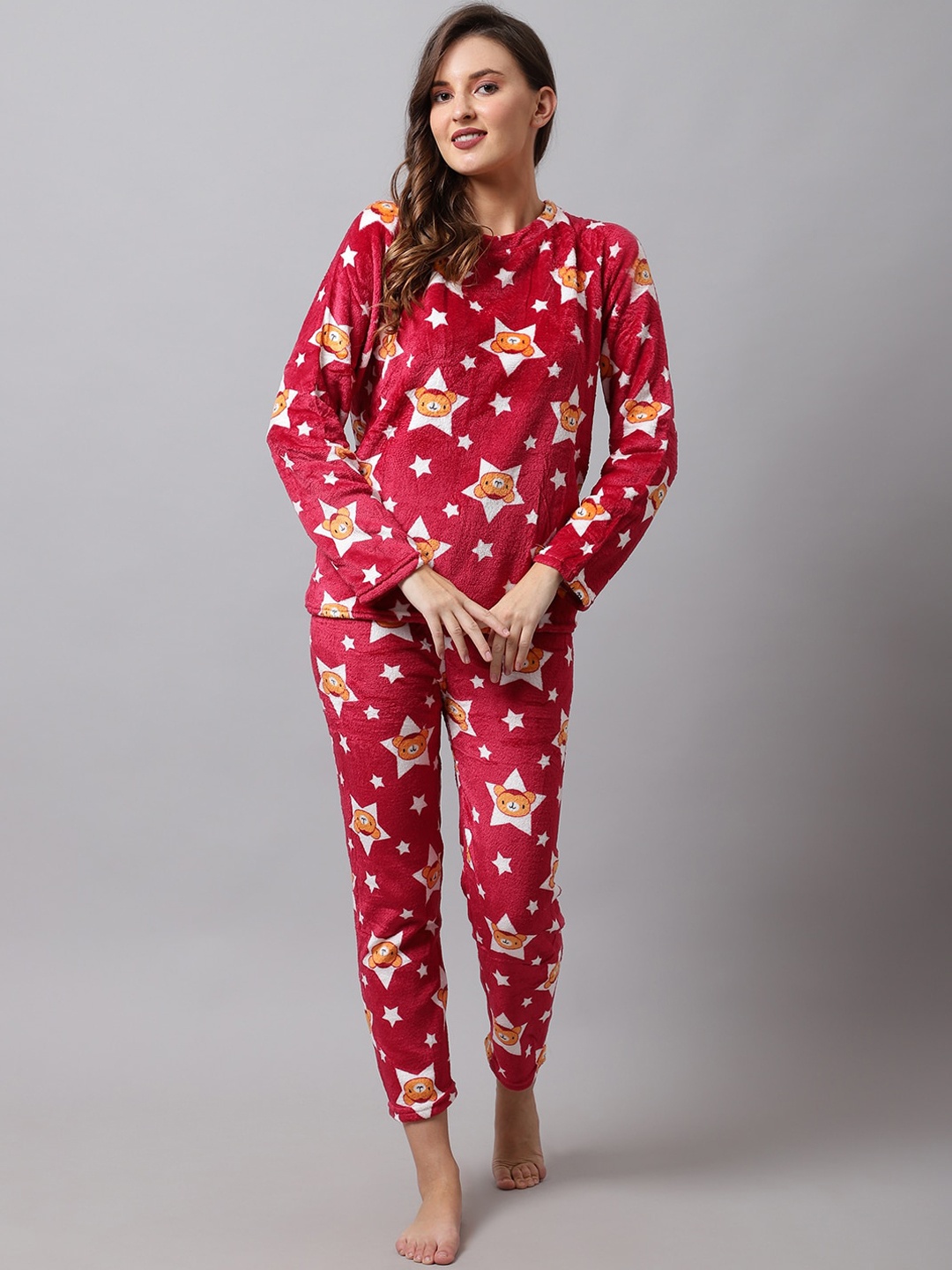 

TAG 7 Women Maroon & White Printed Night suit