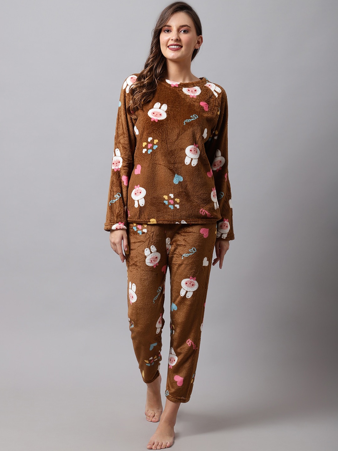 

TAG 7 Women Brown & White Printed Night suit