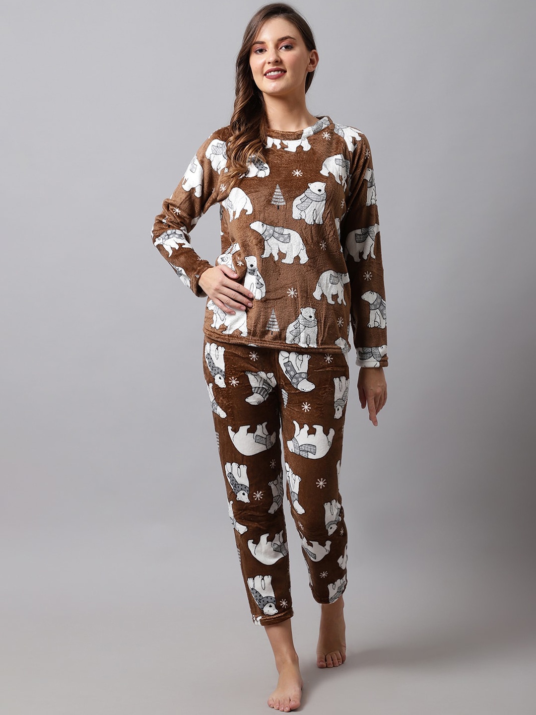 

TAG 7 Women Brown & White Printed Night suit