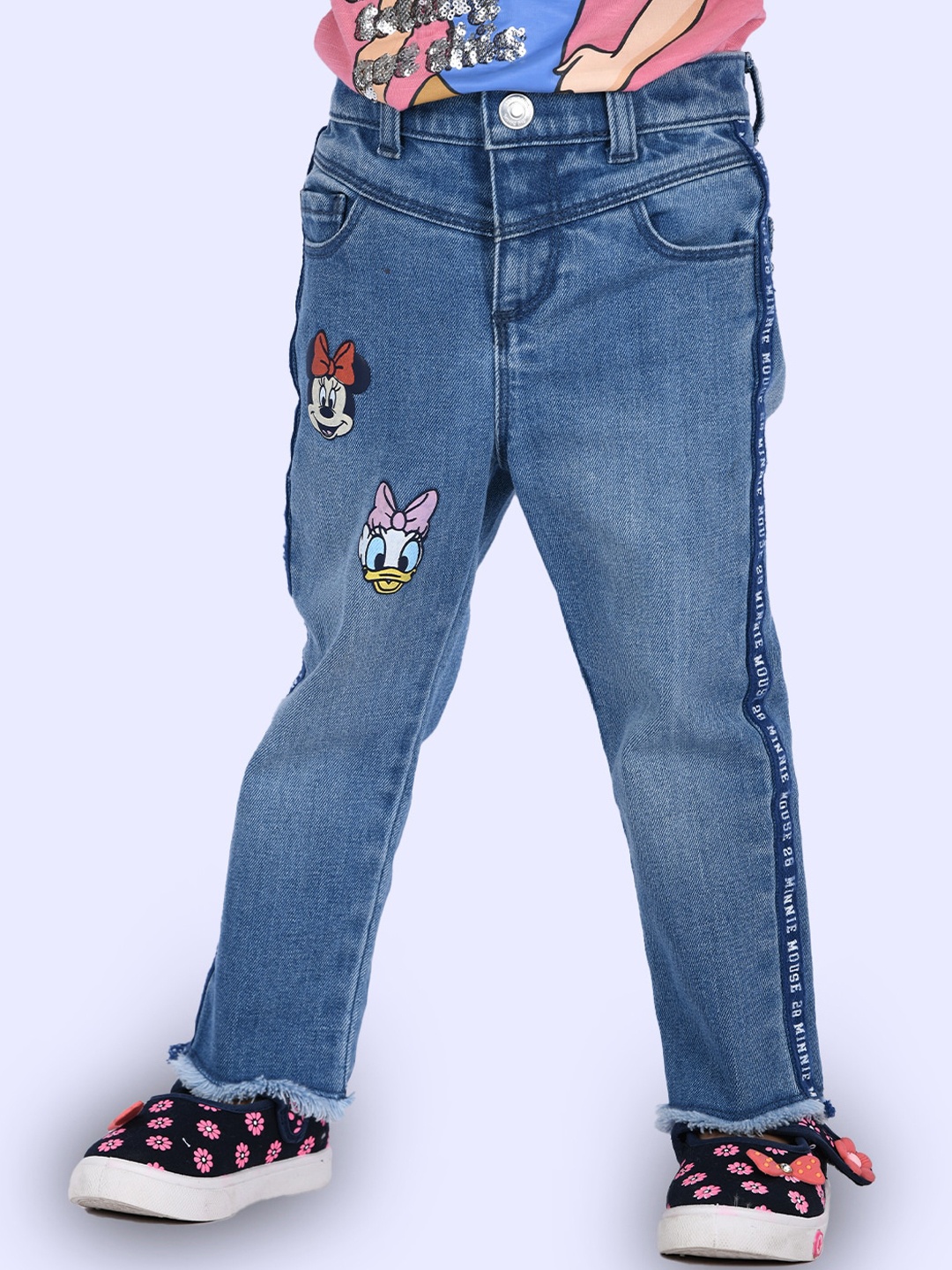 

Zalio Girls Blue Straight Fit Heavy Fade Minnie Mouse Printed Jeans