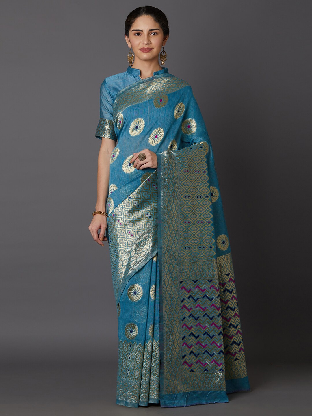 

Mitera Teal & Gold-Toned Woven Design Zari Art Silk Kanjeevaram Saree