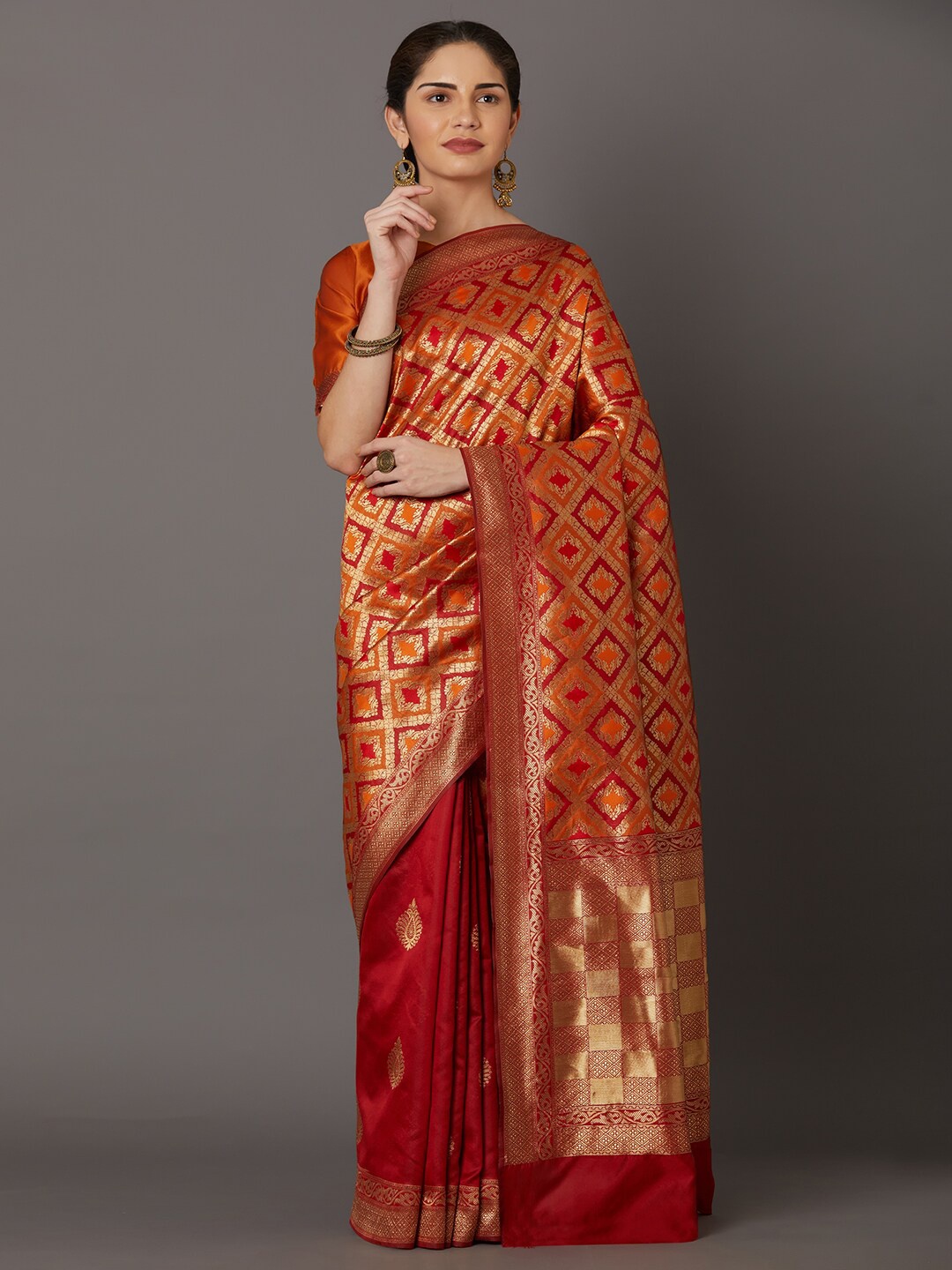 

Mitera Orange & Maroon Ethnic Motifs Zari Art Silk Kanjeevaram Saree