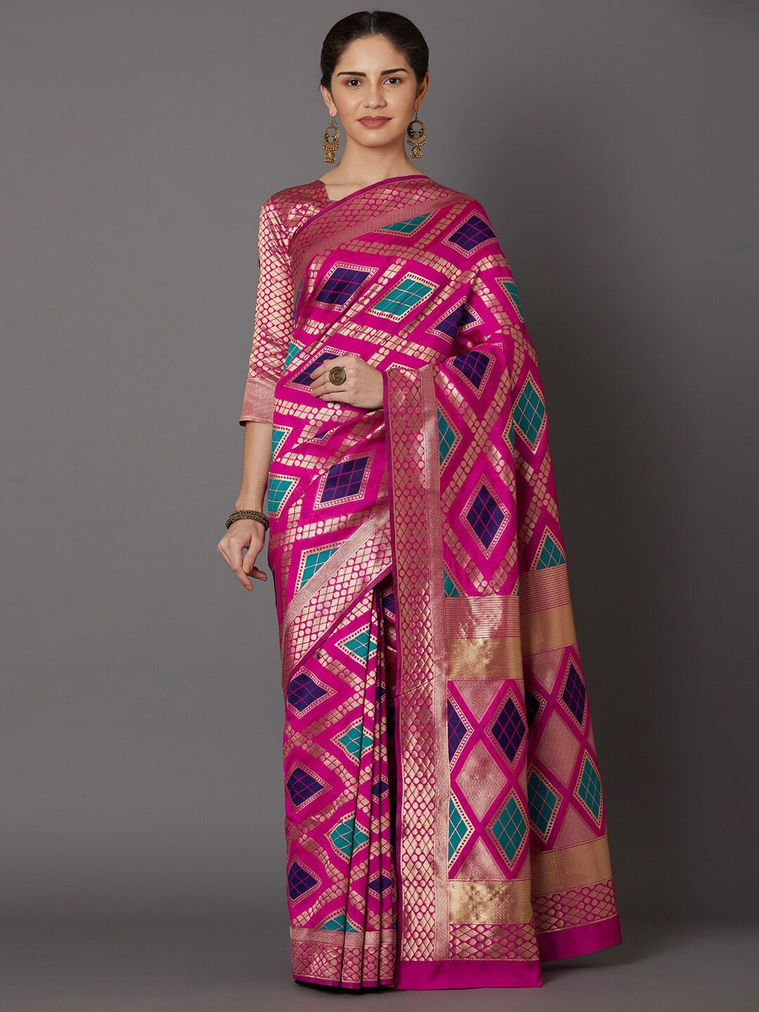 

Mitera Pink & Blue Zari Art Silk Kanjeevaram Saree