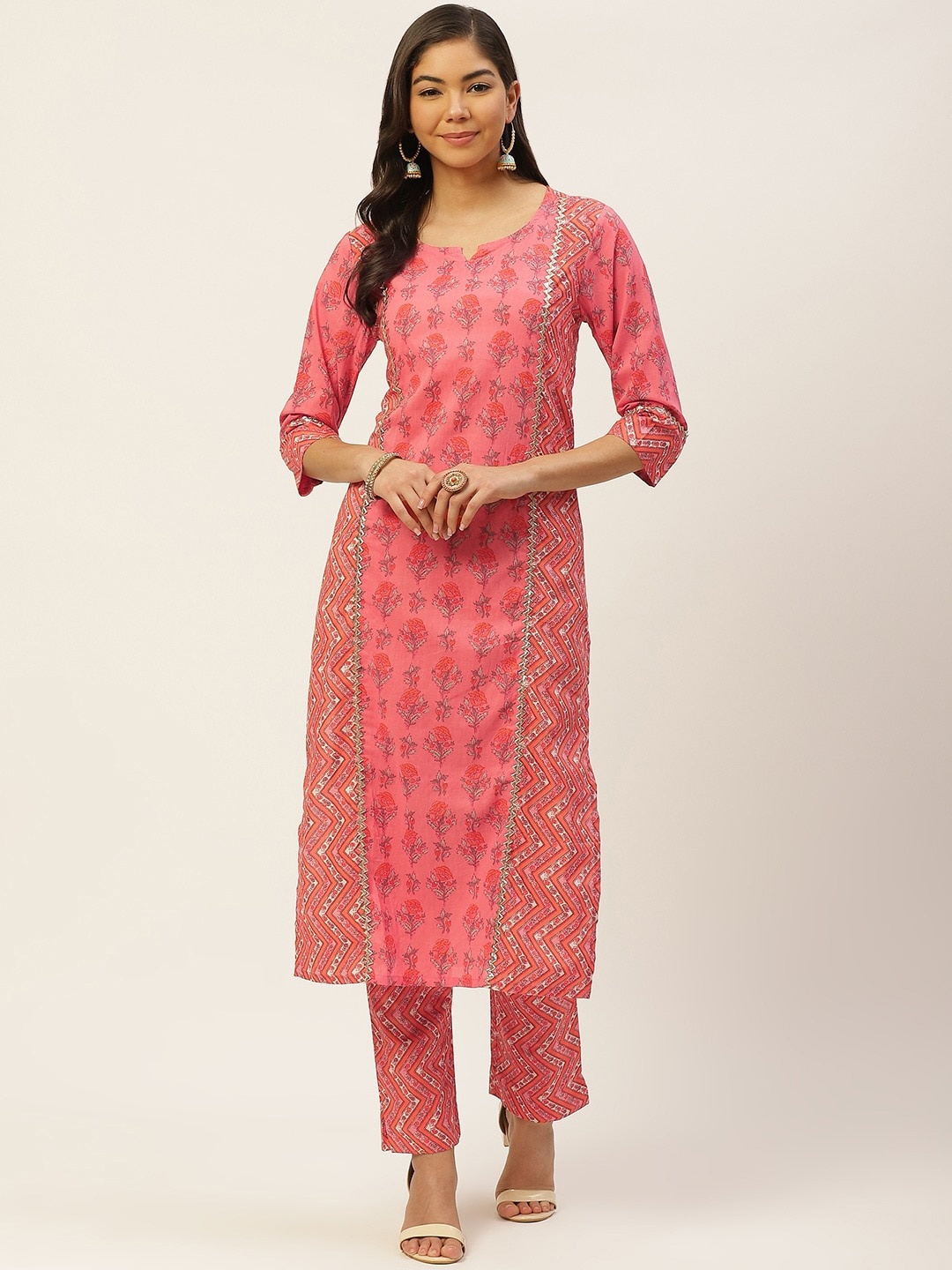 

FABRIC FITOOR Women Pink Printed Gotta Patti Pure Cotton Kurta with Trousers