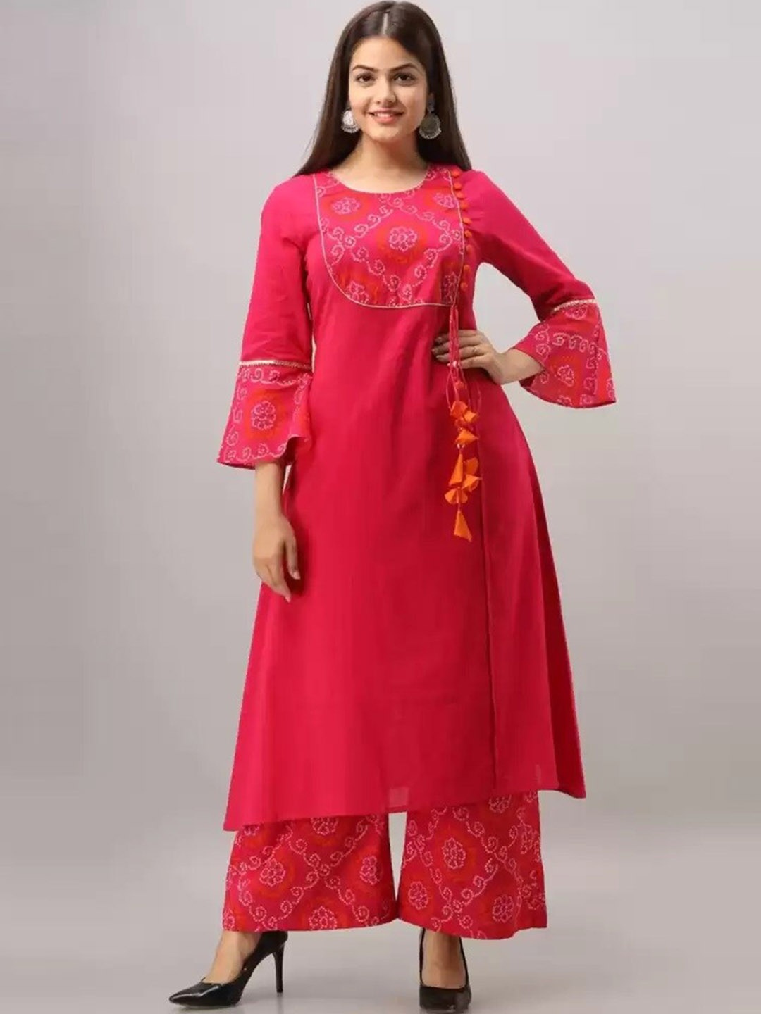 

FABRIC FITOOR Women Bandhani Yoke Design Pure Cotton Kurta with Palazzo, Pink