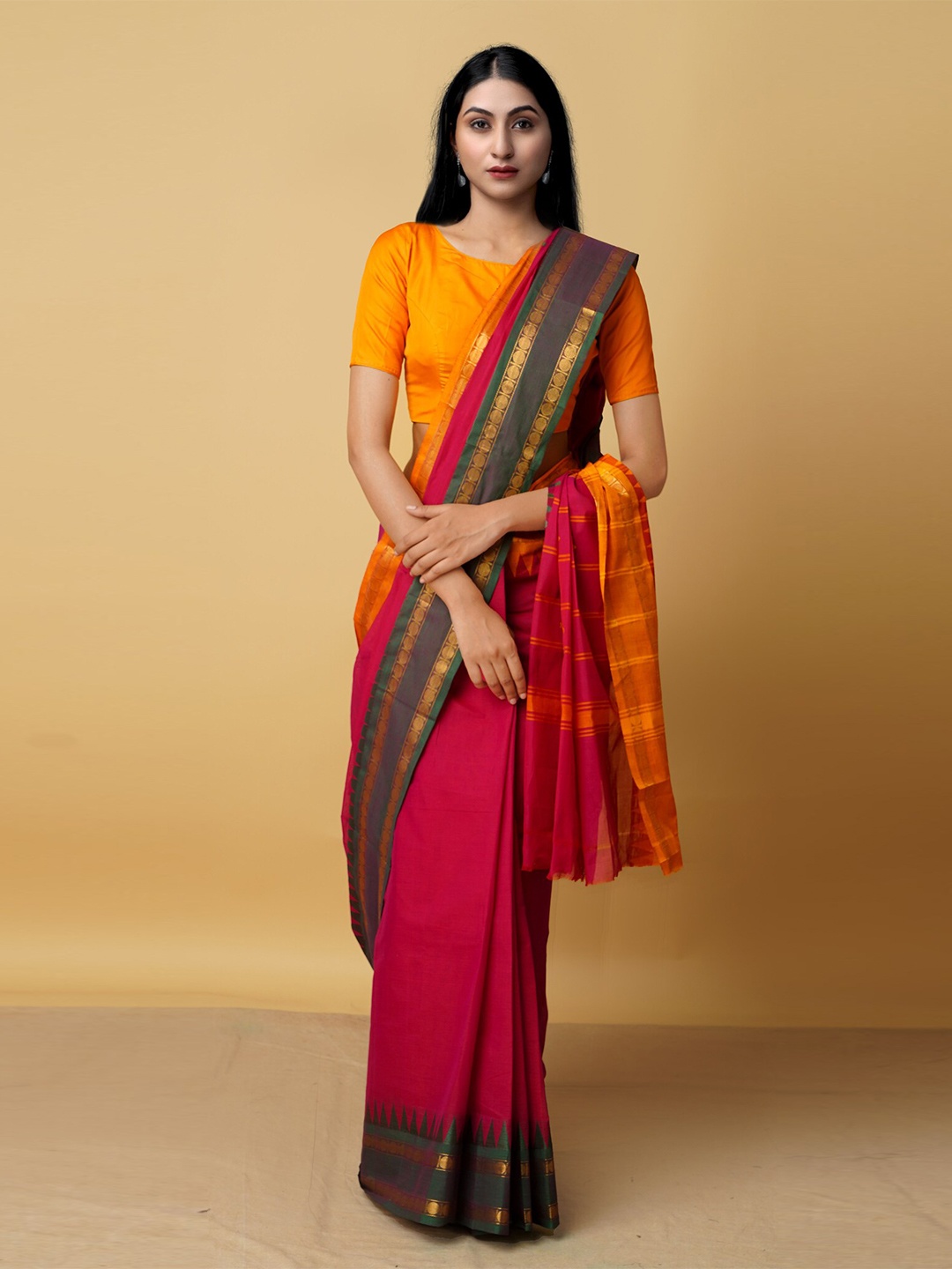 

Unnati Silks Pink & Green Zari Pure Cotton Kanjeevaram Saree