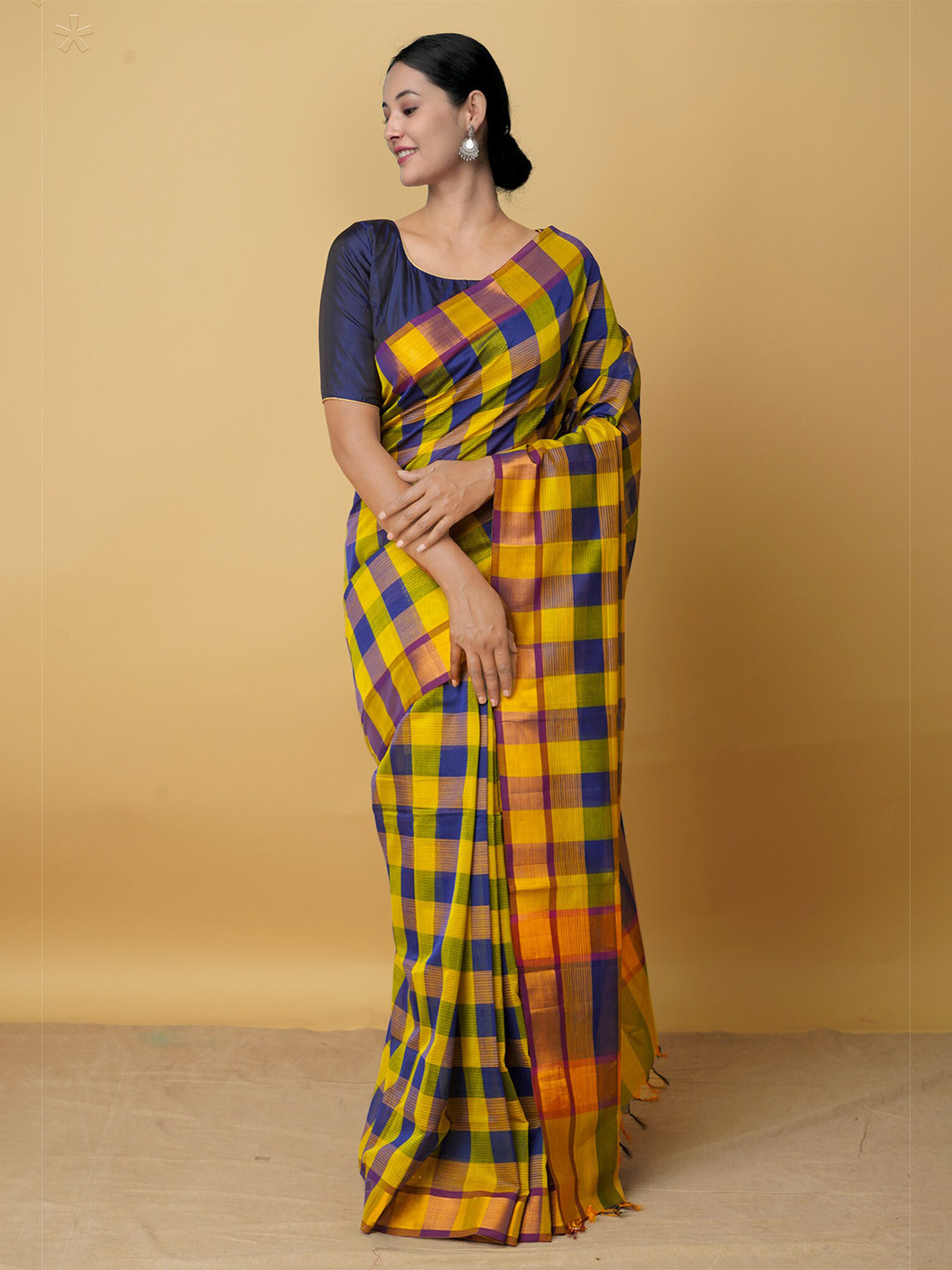 

Unnati Silks Blue & Mustard Checked Zari Silk Cotton Mangalagiri Saree