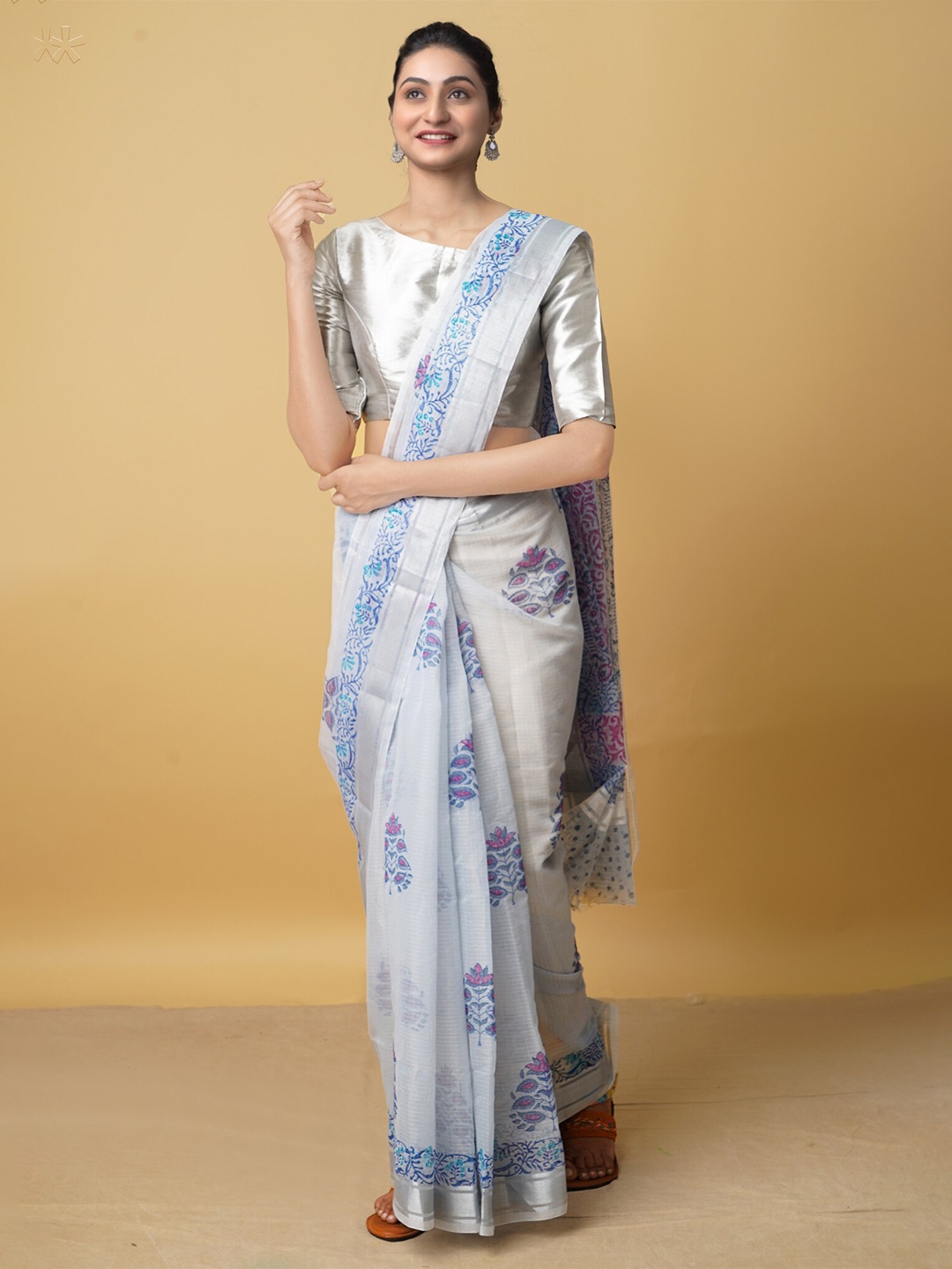 

Unnati Silks Blue & White Ethnic Motifs Zari Pure Cotton Kota Saree