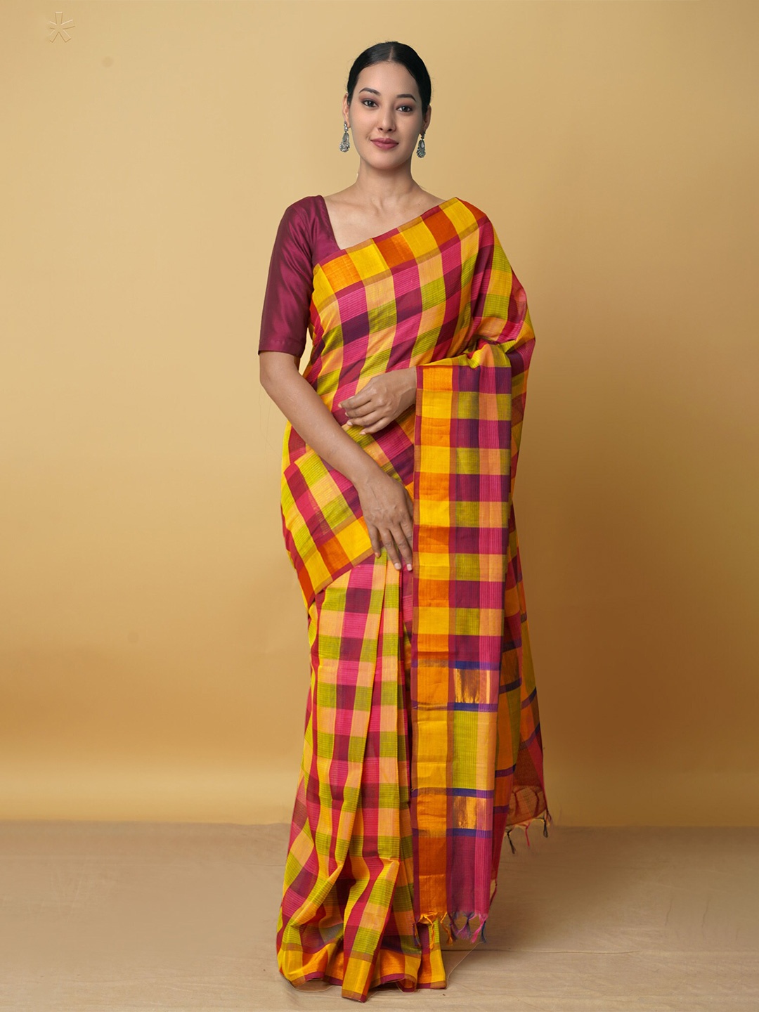 

Unnati Silks Orange & Blue Checked Silk Cotton Mangalagiri Saree