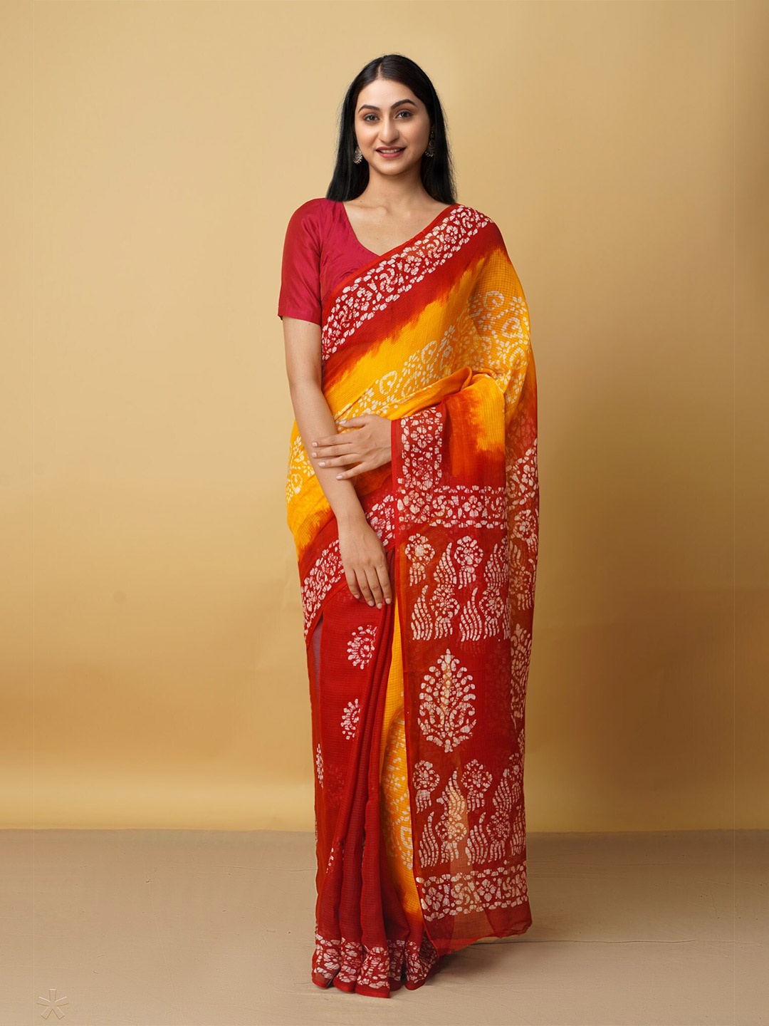 

Unnati Silks Orange & Red Batik Pure Cotton Kota Saree