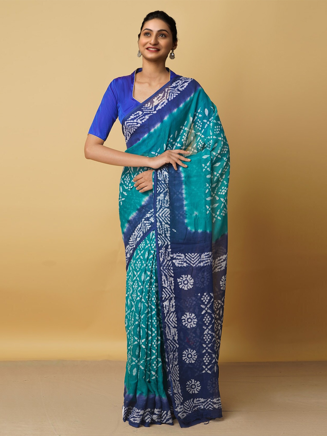 

Unnati Silks Green & Blue Batik Pure Cotton Kota Saree