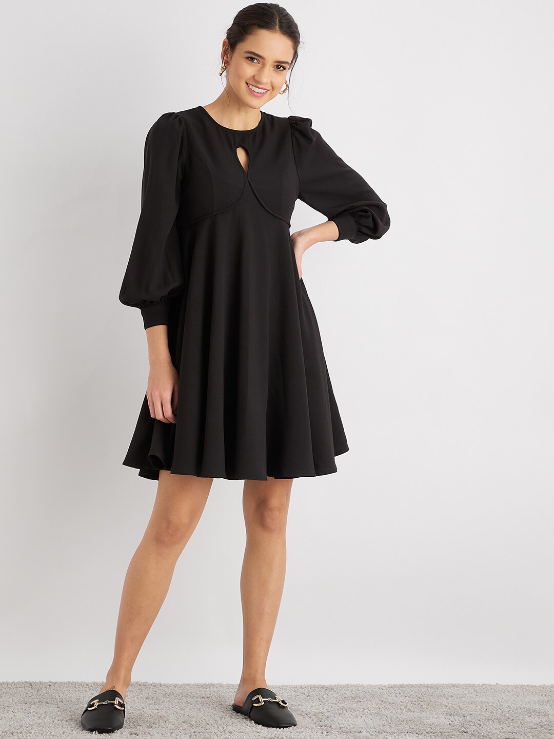 

Femella Black Keyhole Neck Fit and Flare Mini Dress