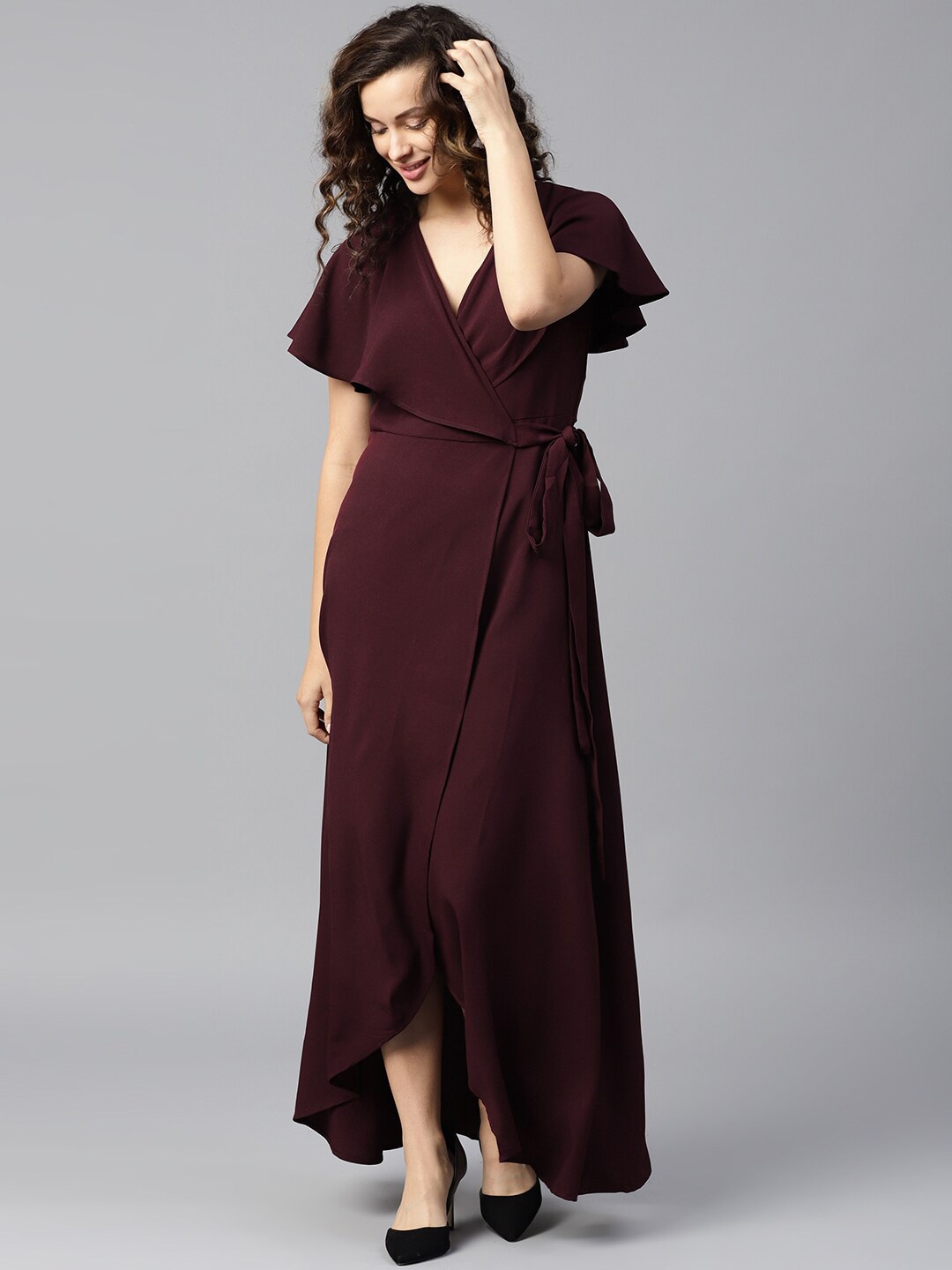 

FEMMELLA Women Burgundy Wrap Maxi Polyester Dress