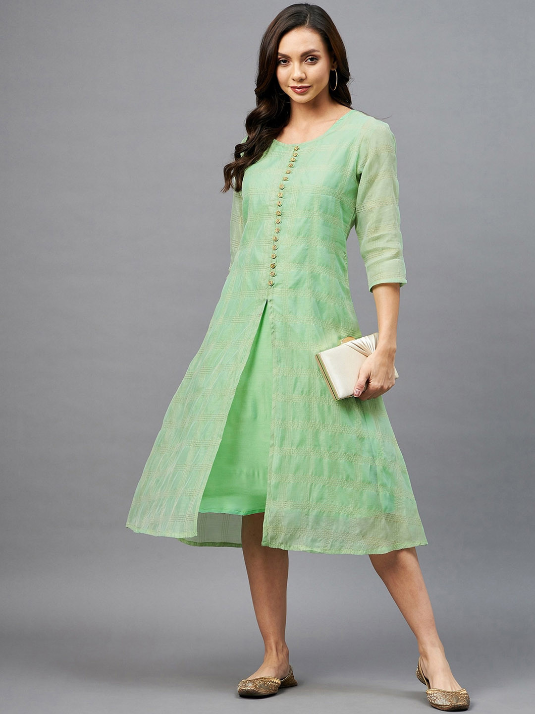 

Azira Women Green Checked A-Line Ethnic Dress