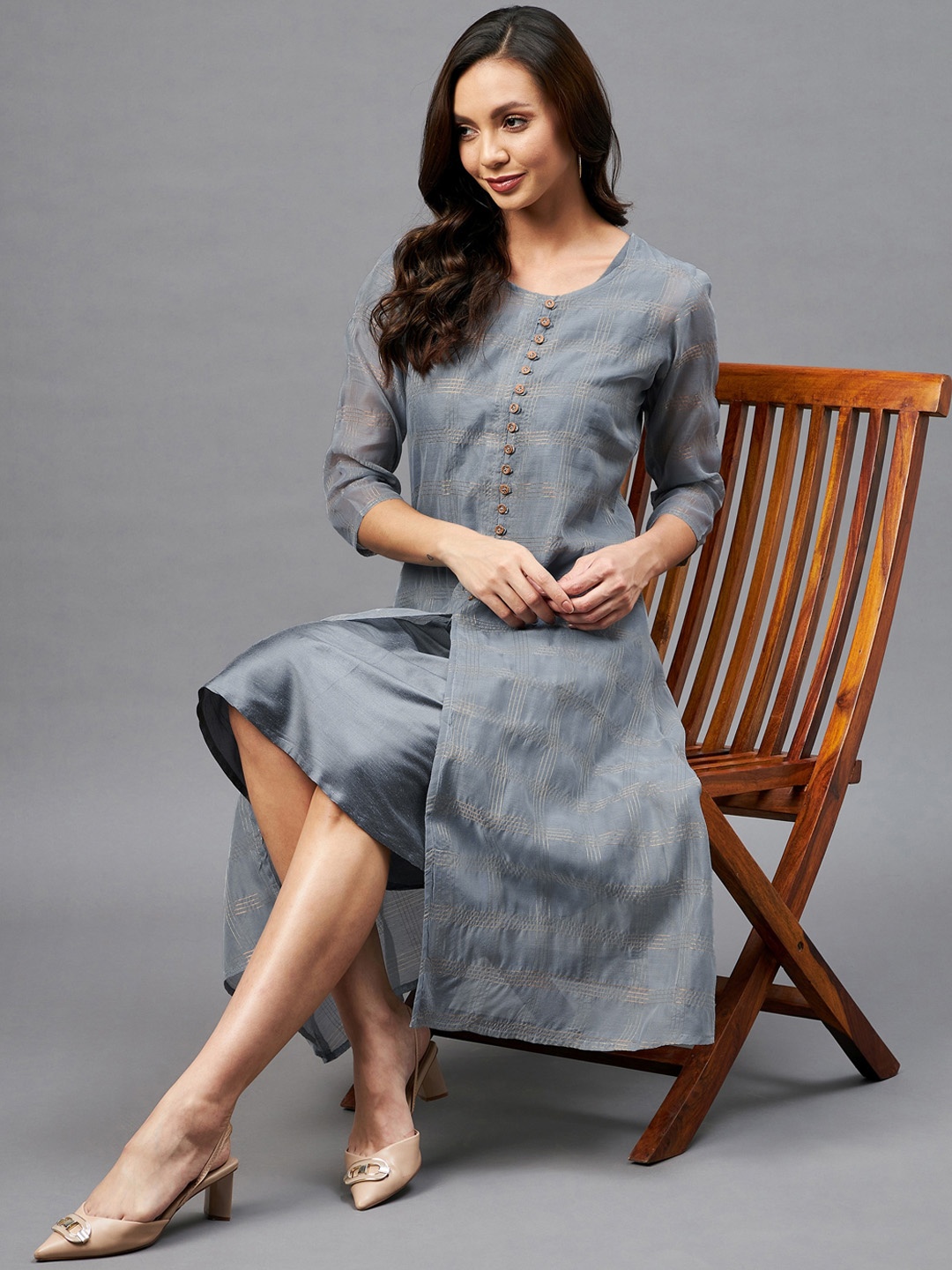 

Azira Women Grey & Golden Checked Printed A-Line Ethnic Dresses