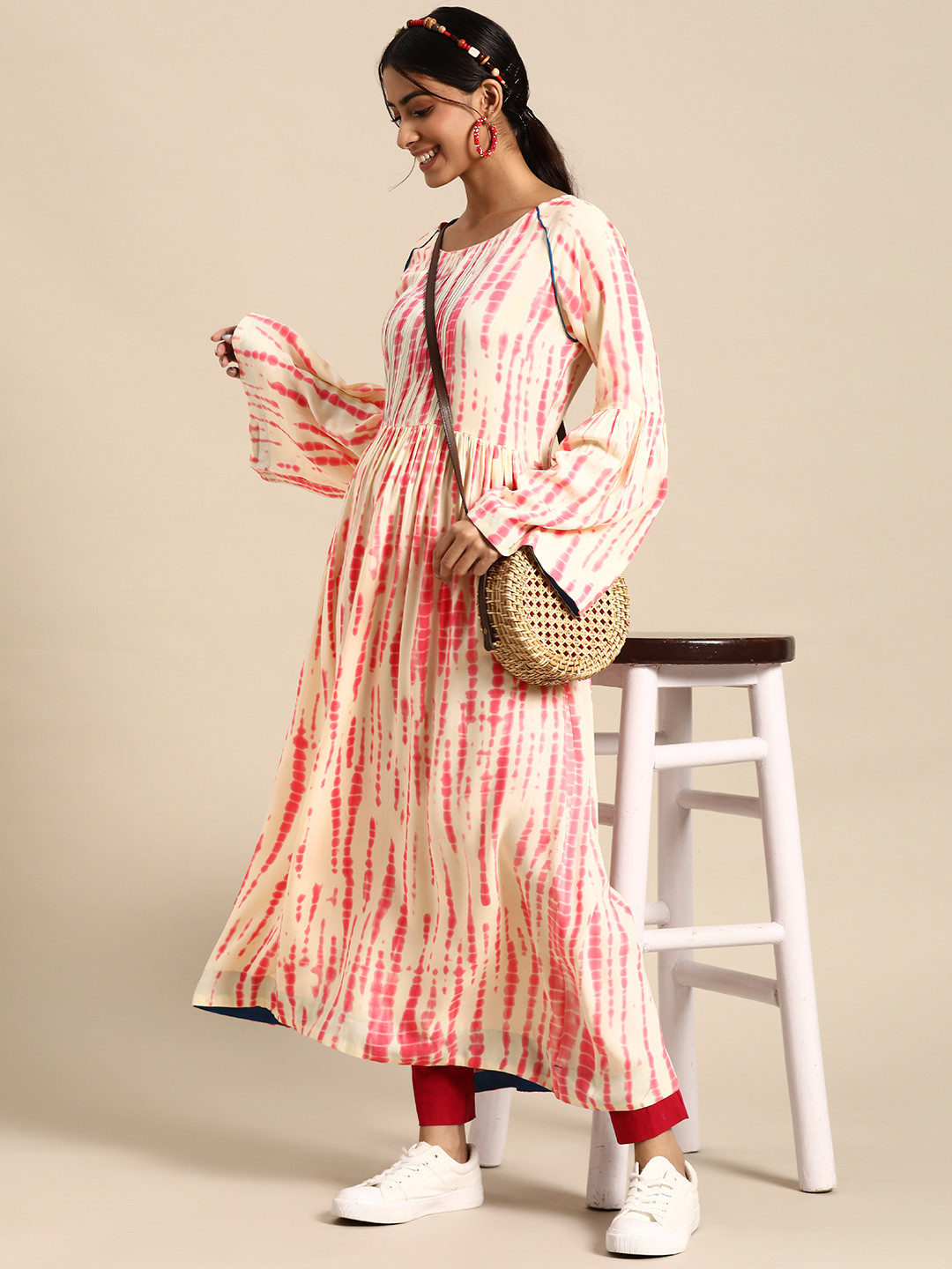 

Sangria Women Pink & White Printed Flared Sleeves Pure Cotton Kurta