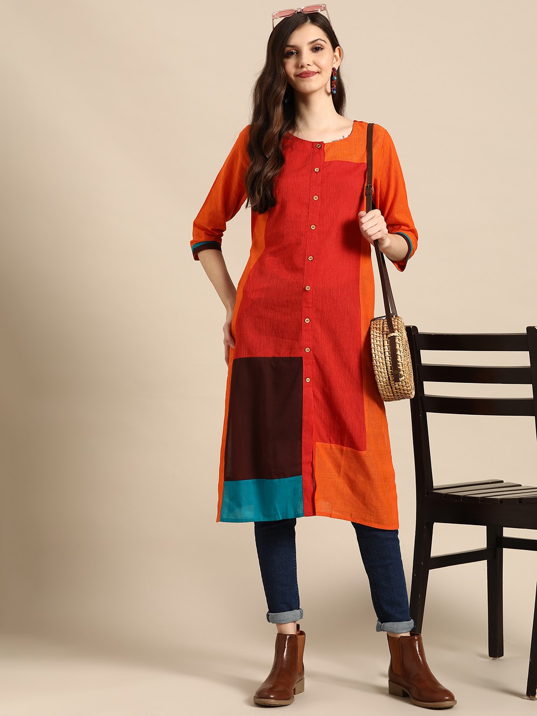 

Sangria Women Red & Orange Colourblocked Pure Cotton Kurta