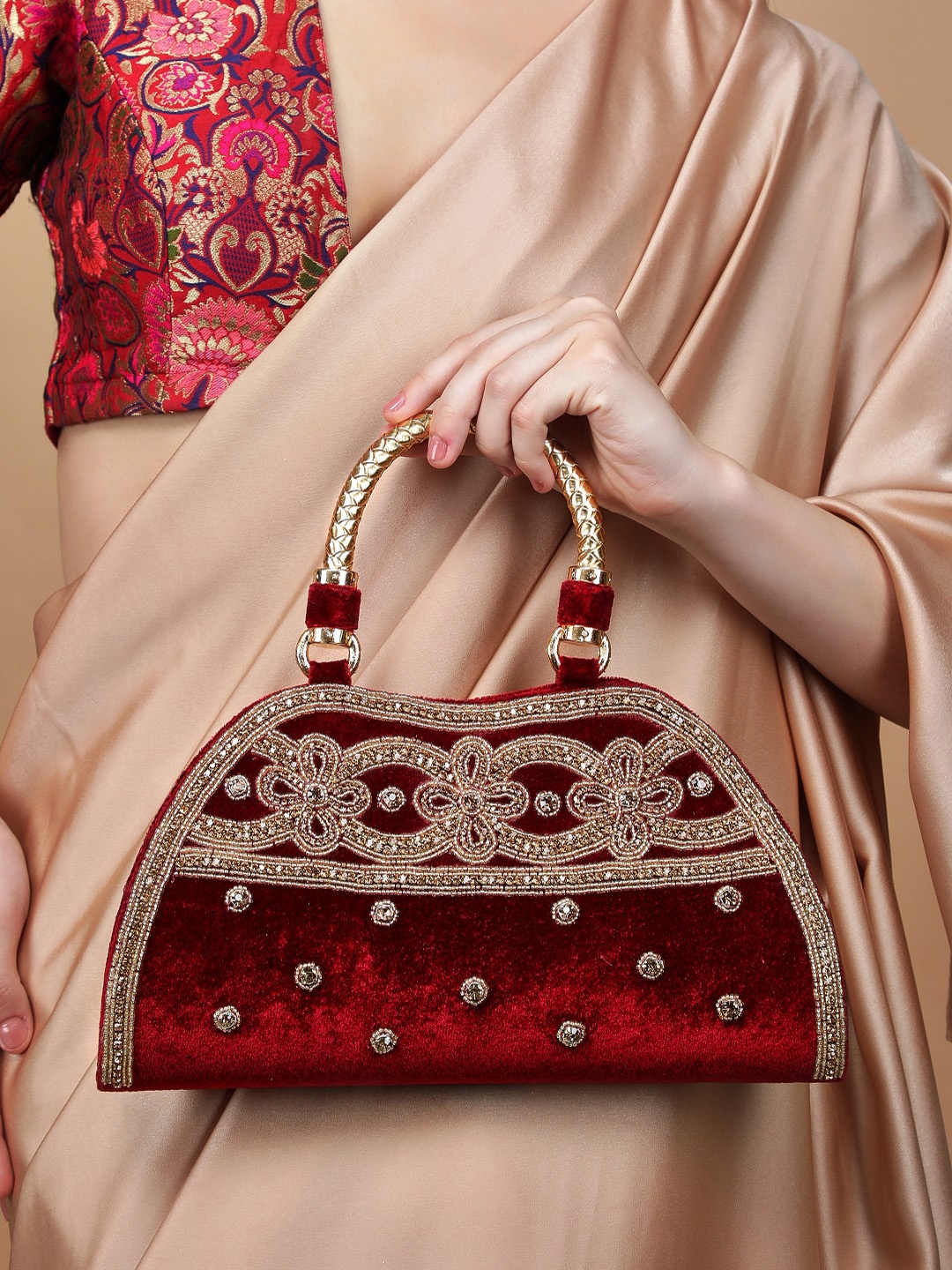 

Rubans Maroon Embellished Structured Handheld Bag