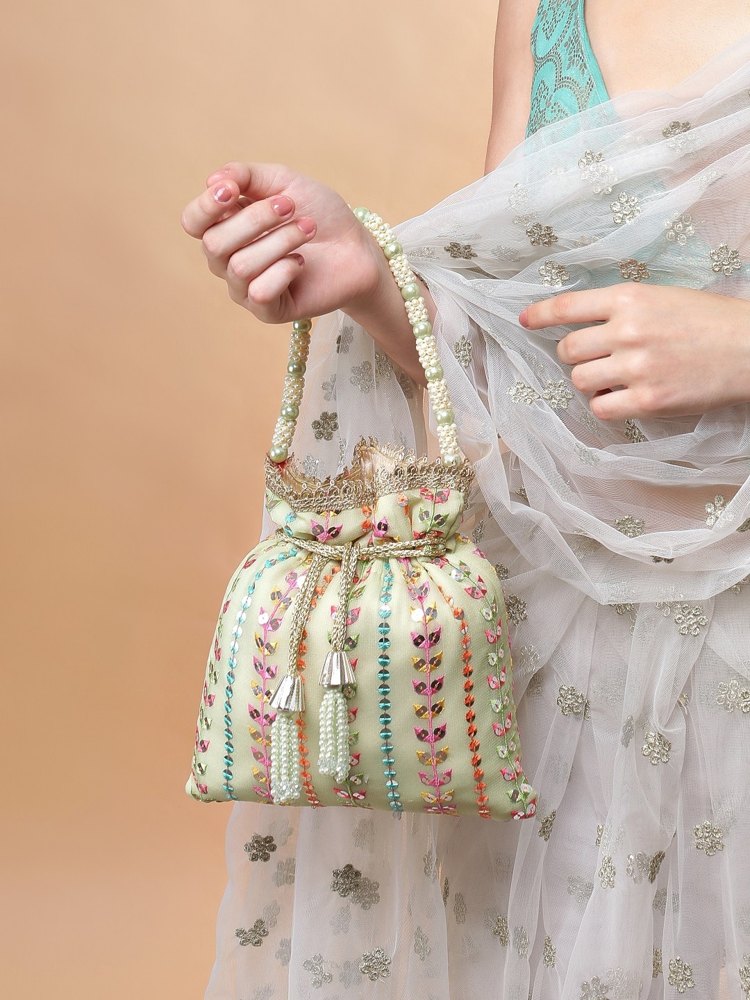 

Rubans Green & Cream-Coloured Embellished Potli Bag