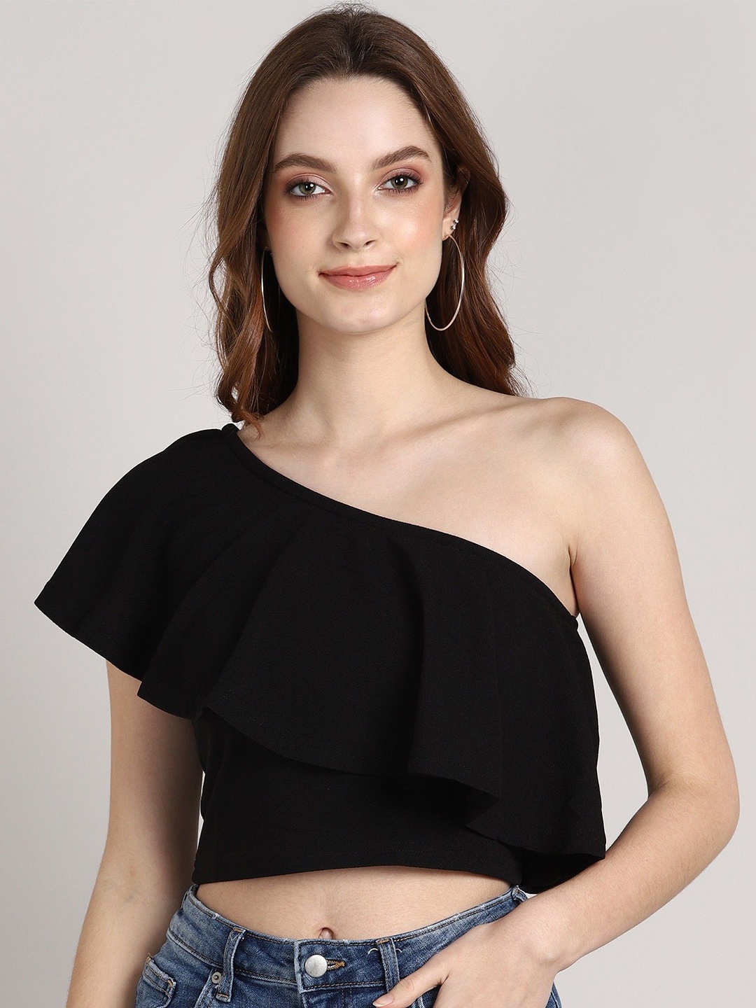 

Gaurgeous Black One Shoulder Crepe Bardot Crop Top