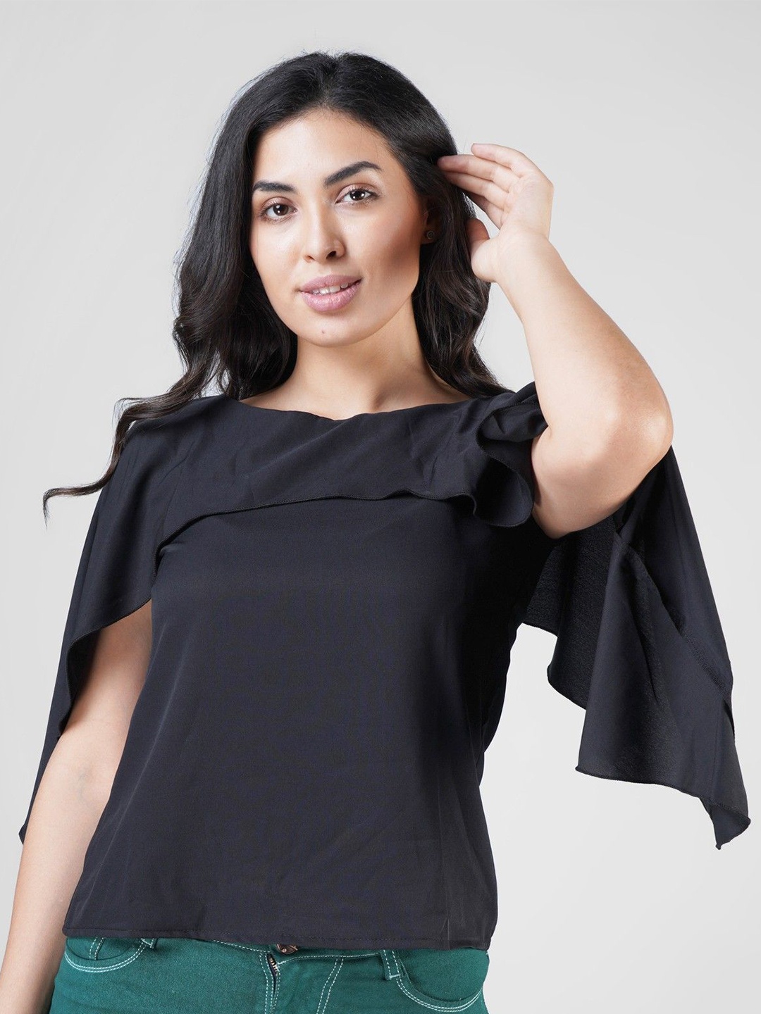 

Gaurgeous Black Ruffles Crepe Top