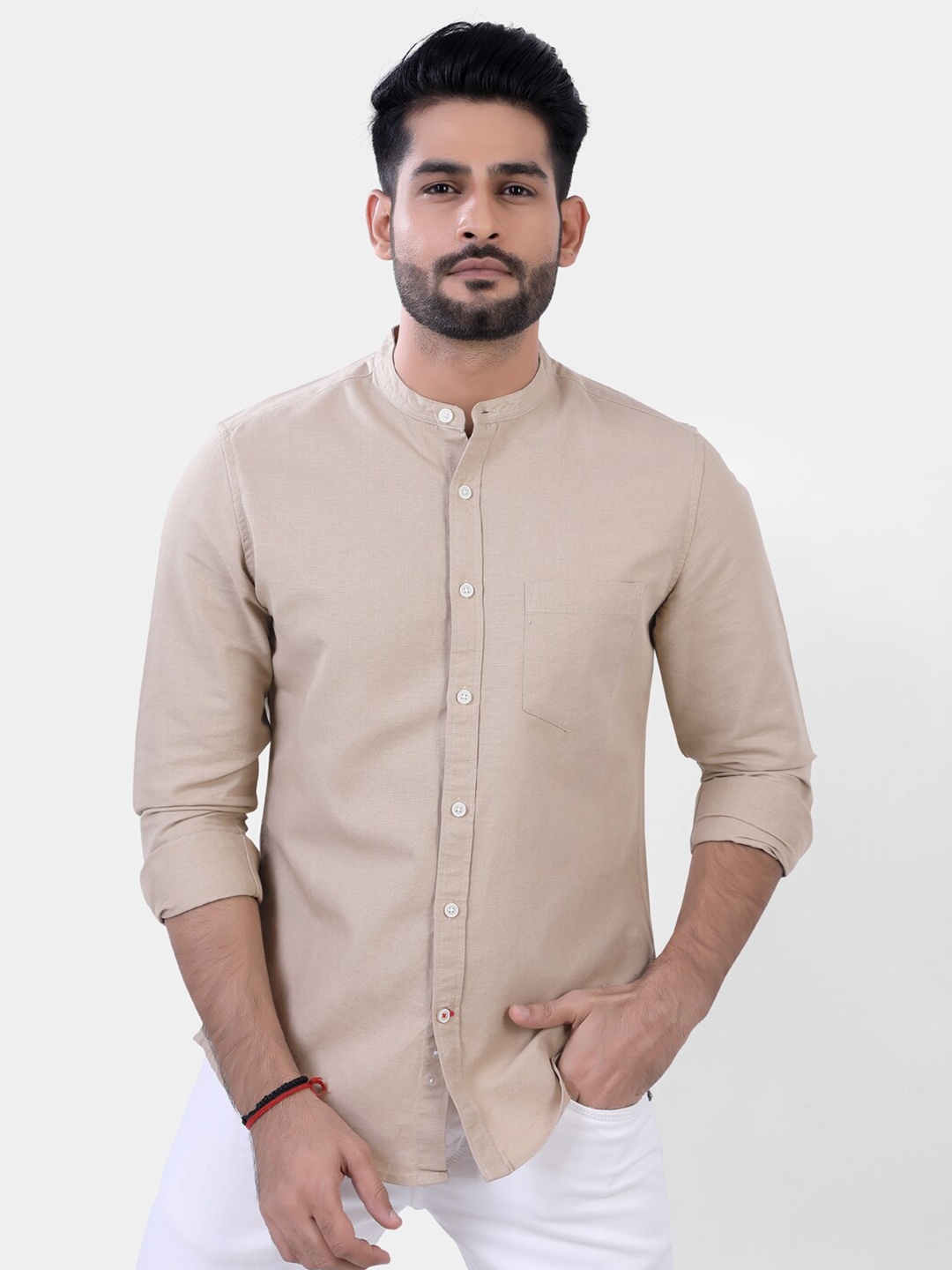 

VASTRADO Men Beige Solid Mandarin Collar Casual Shirt