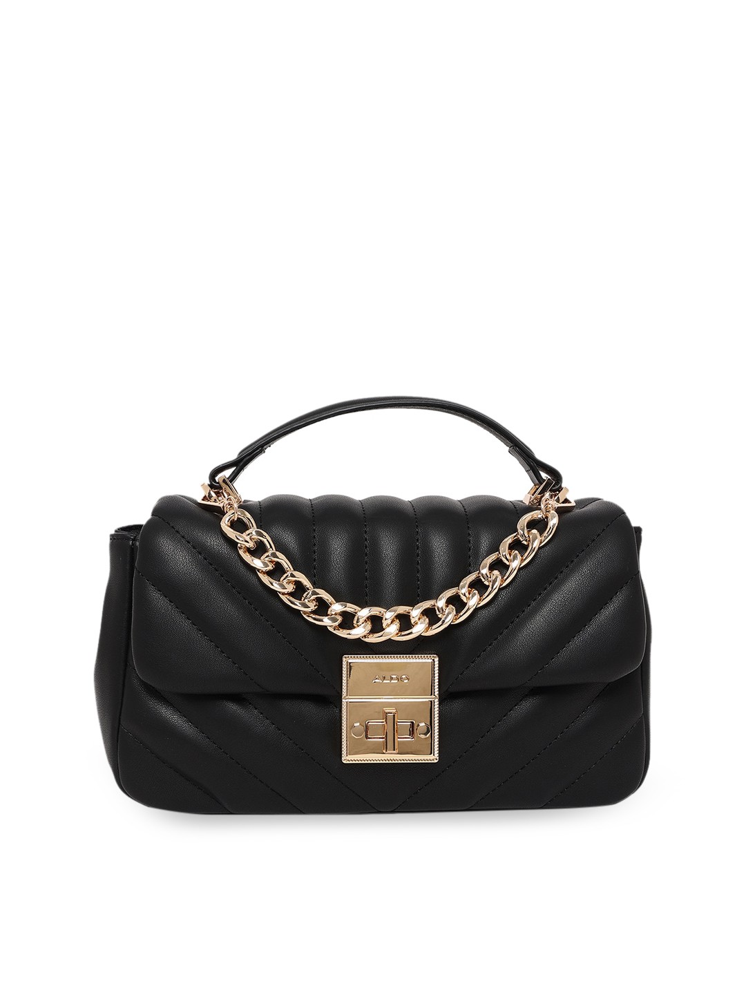 

ALDO Women Black Embellished Structured with Quilted Handheld Hand Bag