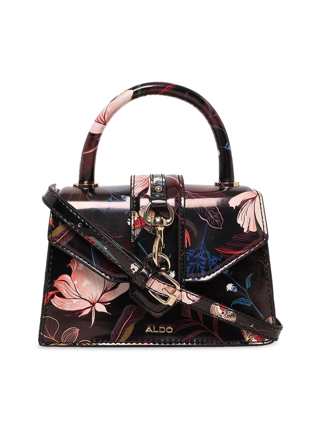 

ALDO Black Floral Printed PU Structured Handheld Bag