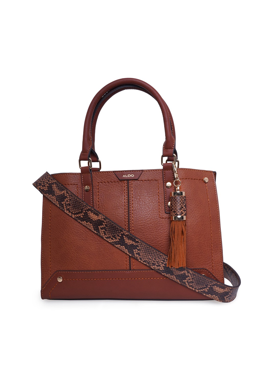 

ALDO Brown Textured Structured Handheld Bag with Tasselled