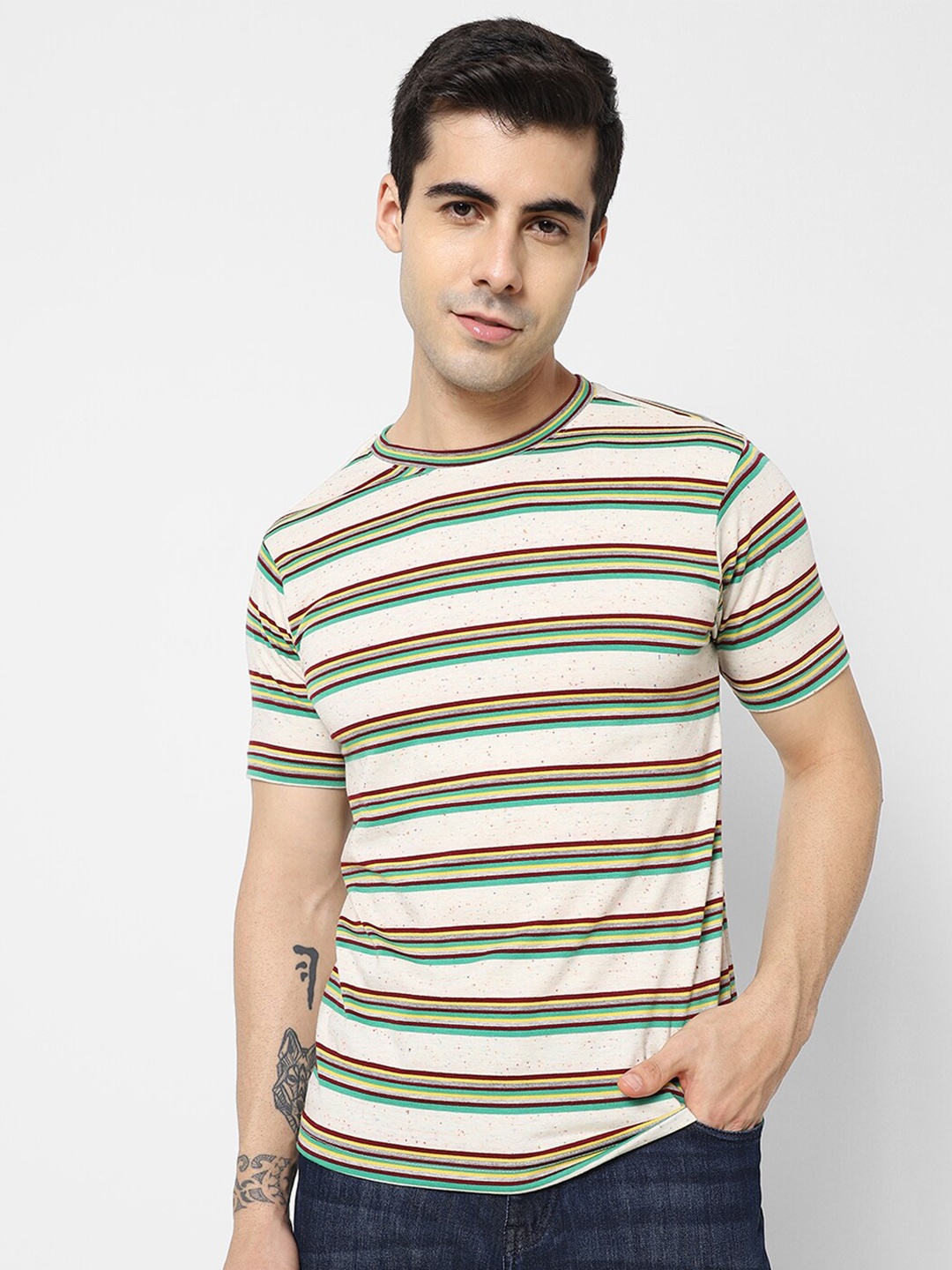 

VASTRADO Men Beige & Green Striped T-shirt