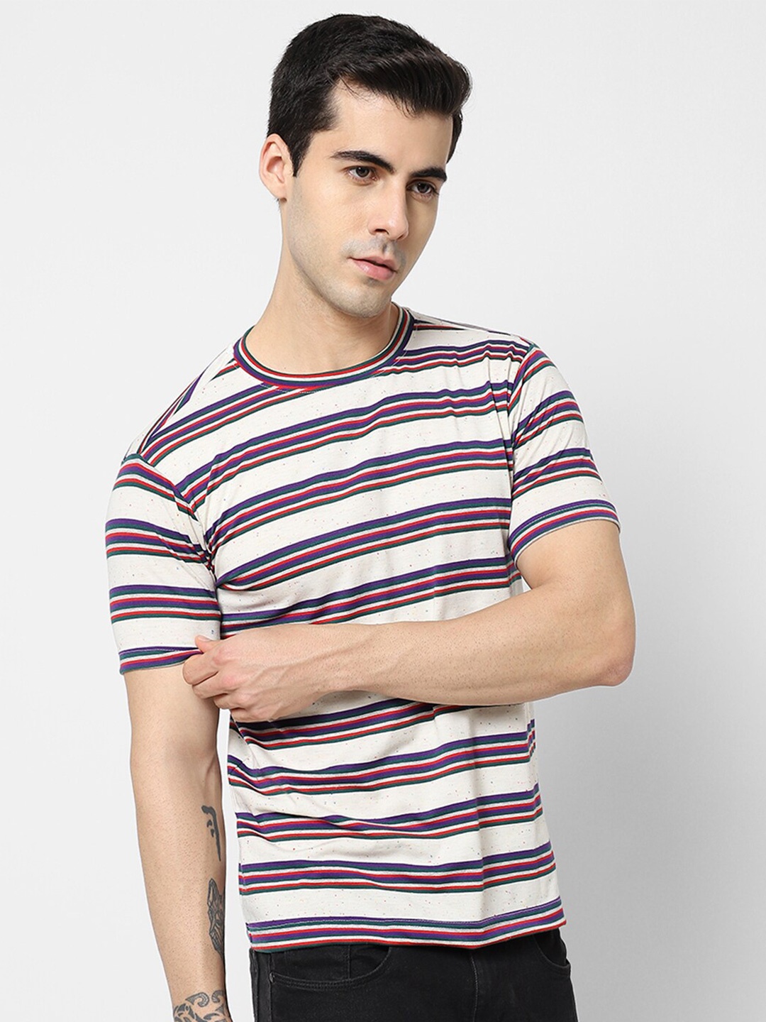 

VASTRADO Men Off White & Purple Striped Cotton T-shirt