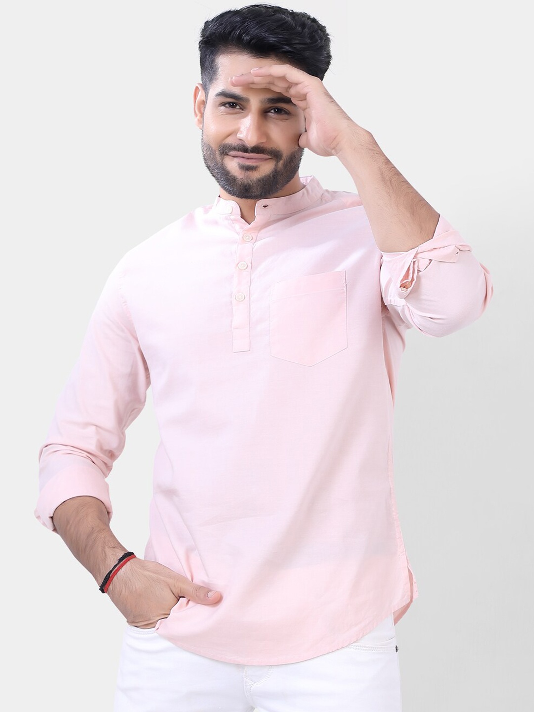

VASTRADO Men Pink Solid Short Cotton Kurta
