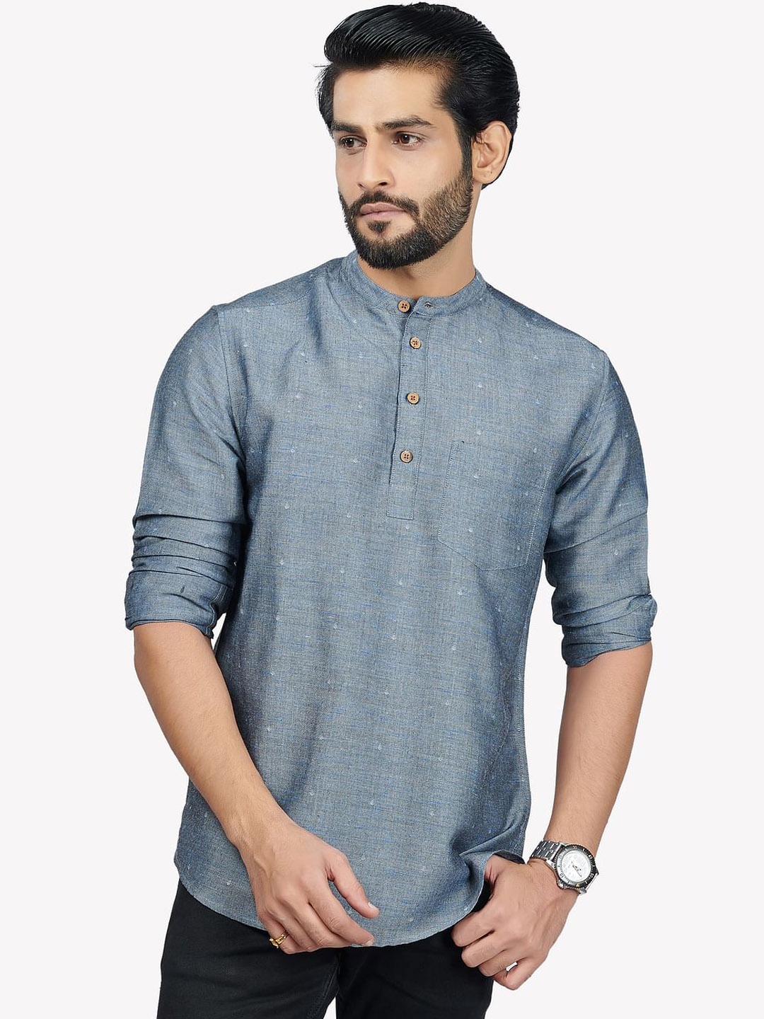 

VASTRADO Men Grey Geometric Embroidered Thread Work Dobby Kurta