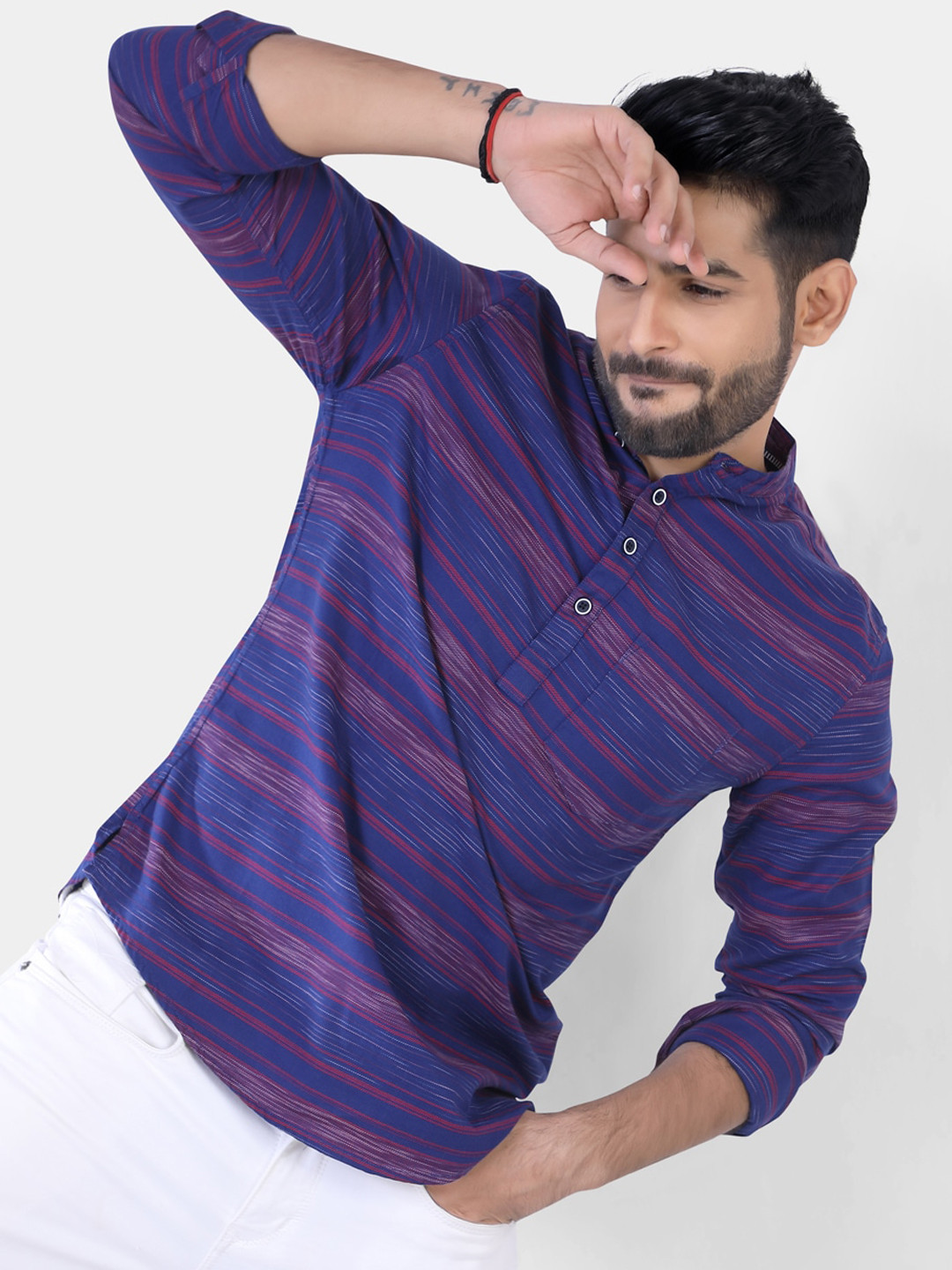 

VASTRADO Men Blue Striped Cotton Kurta