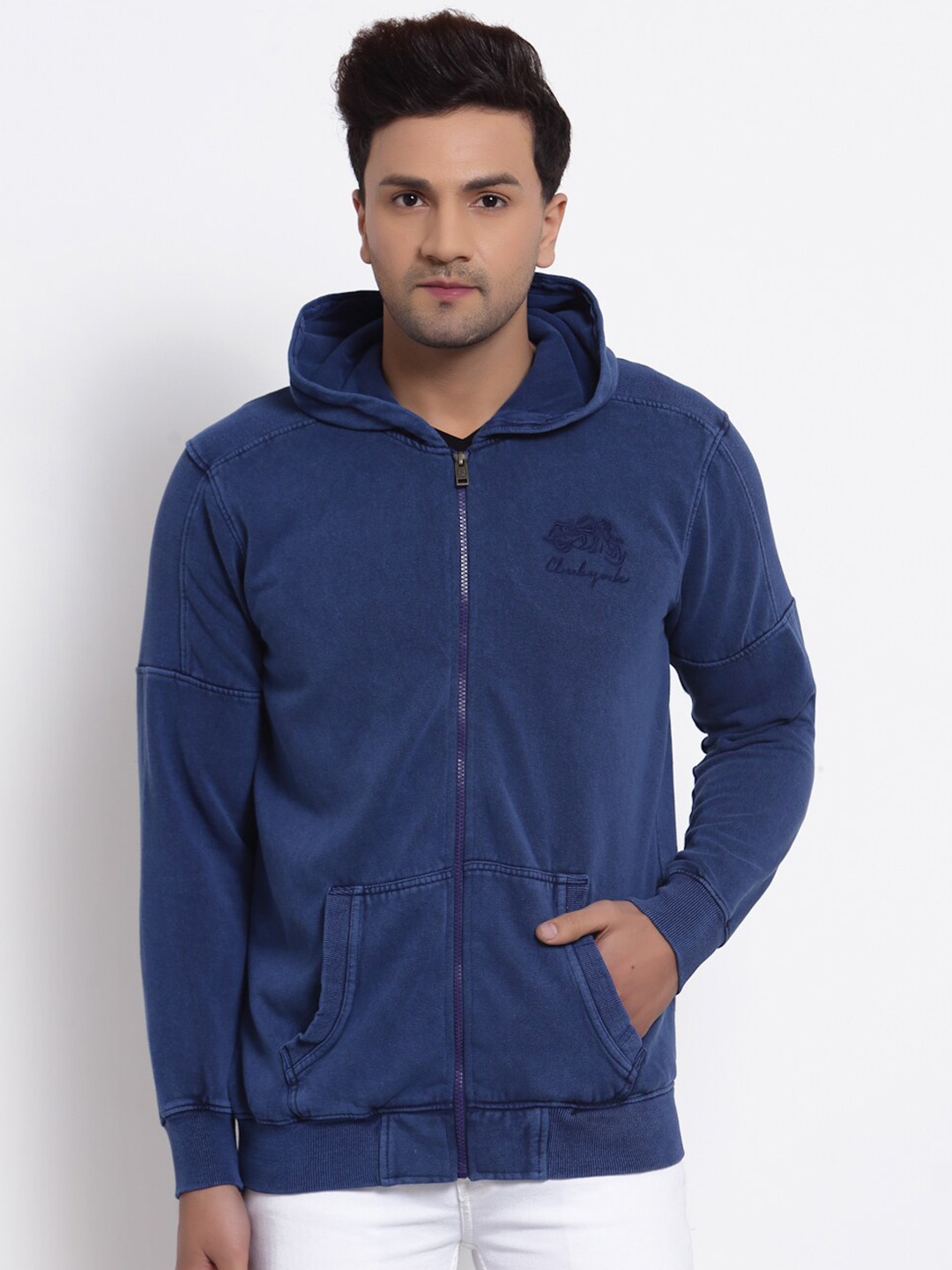 

Club York Men Blue Solid Hooded Sweatshirt