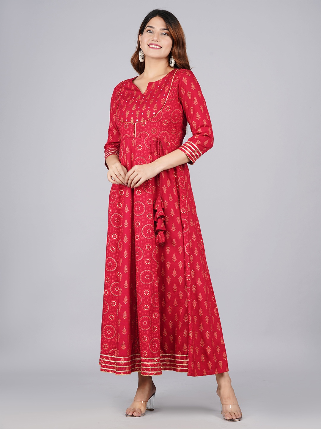 

JAIPURI COLLECTION Maroon Ethnic Motifs Keyhole Neck Maxi Dress