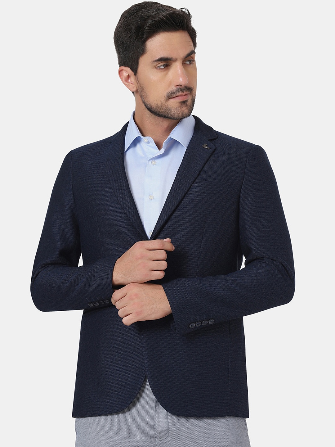 

Blackberrys Men Navy Blue Solid Slim-Fit Single Breasted Blazers