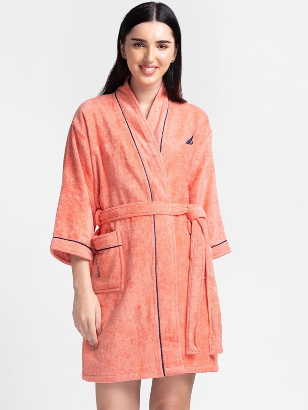 

Nautica Women Coral-Colored Solid Pure Cotton Bath Robe